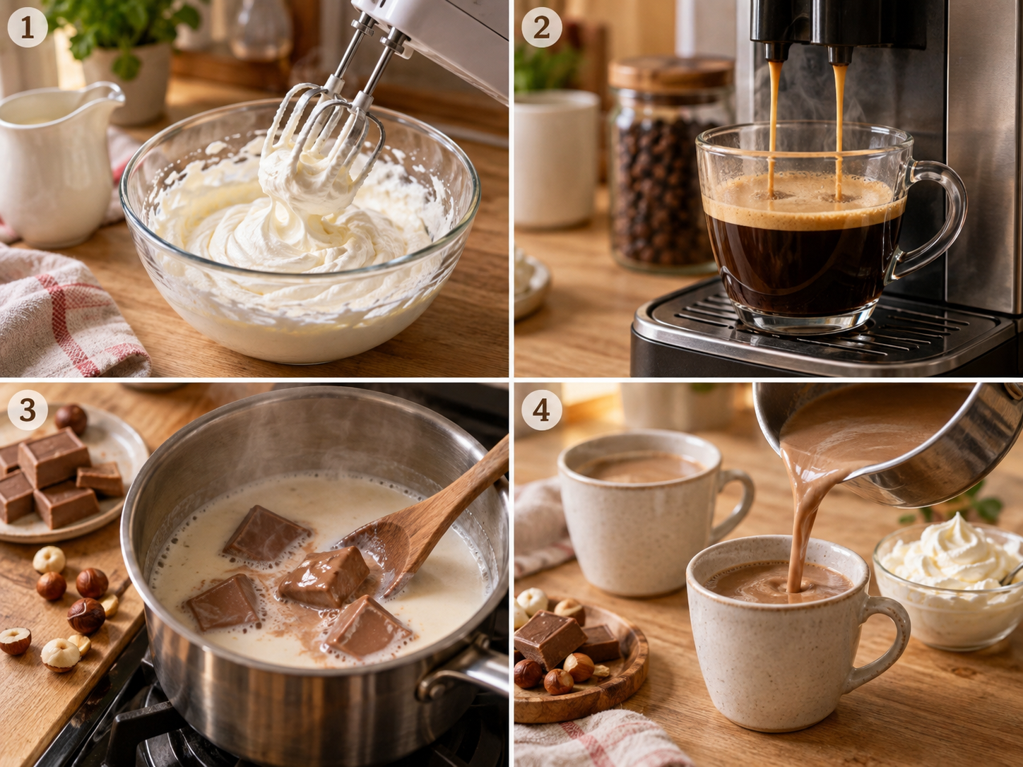 Vier Schritte für Nougatkaffee mit geschmolzenem Nougat und Sahne