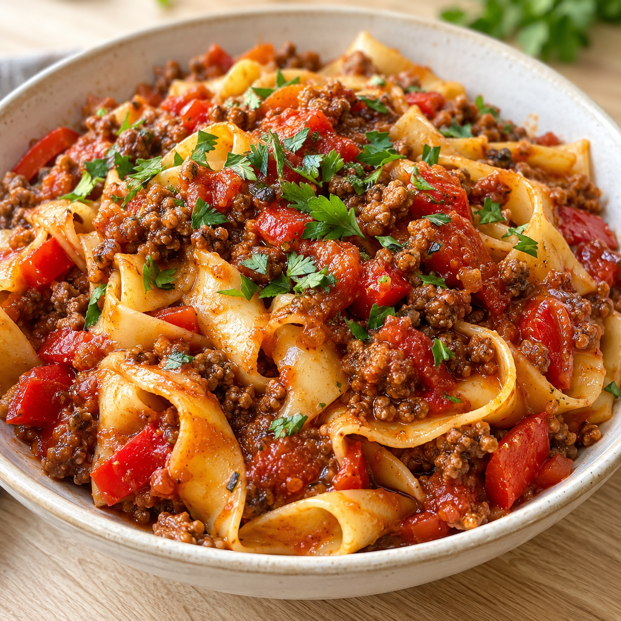 Nudel-Hackfleisch-Pfanne mit Paprika und Petersilie in heller Schale