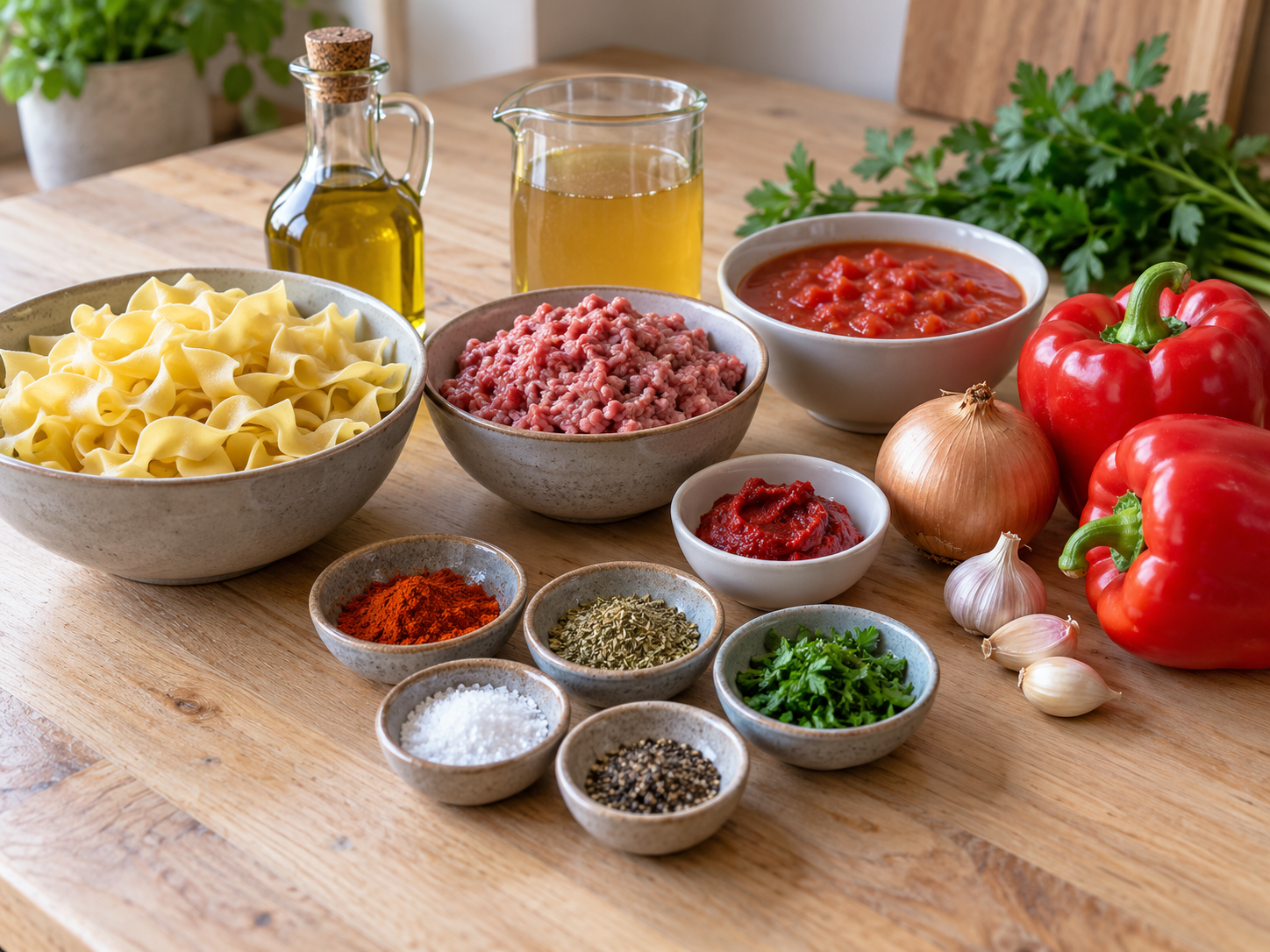 Zutaten für Nudel-Hackfleisch-Pfanne mit Paprika auf hellem Holz