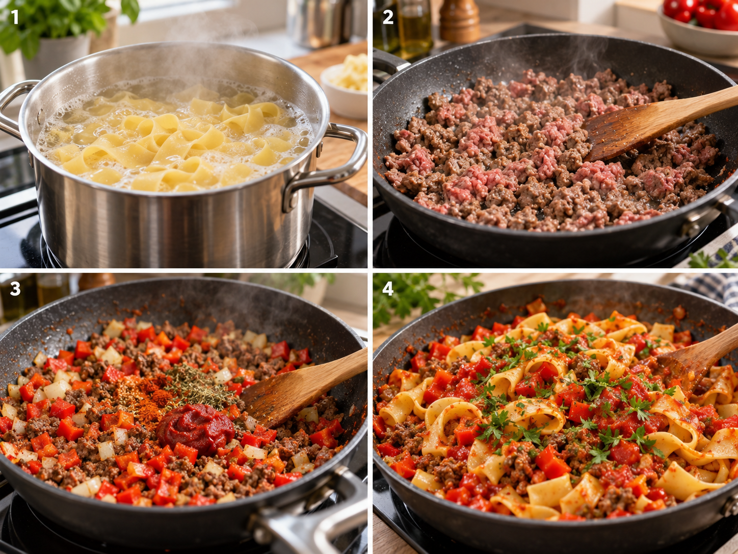 Vier Schritte der Nudel-Hackfleisch-Pfanne mit Paprika in der Küche