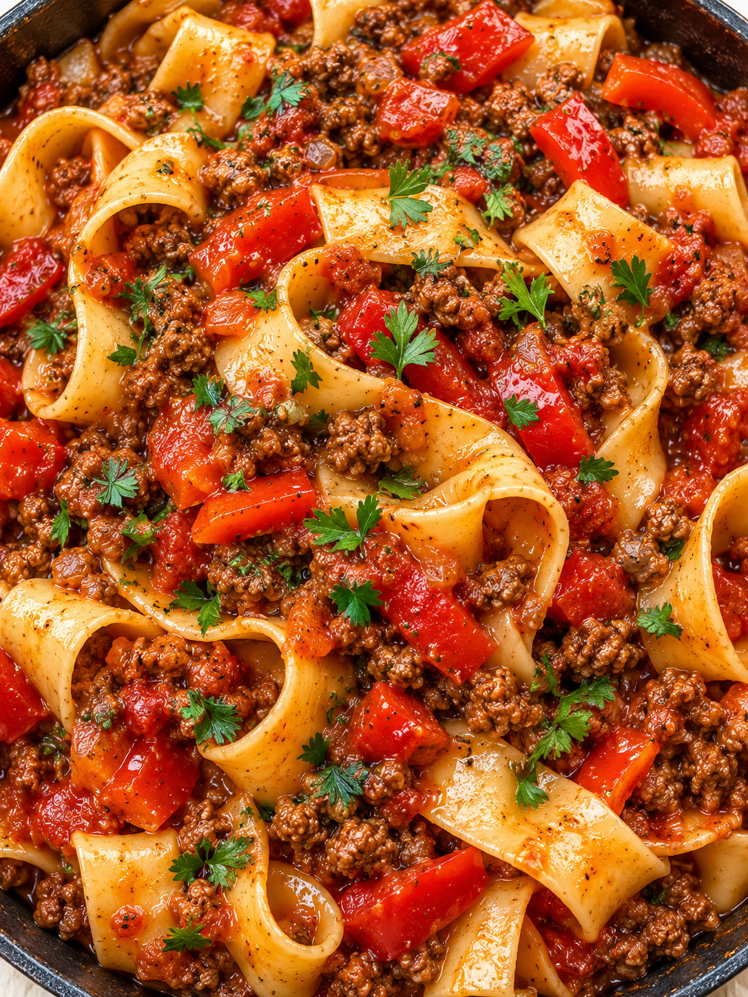 Nudel-Hackfleisch-Pfanne mit roter Paprika und Petersilie von oben