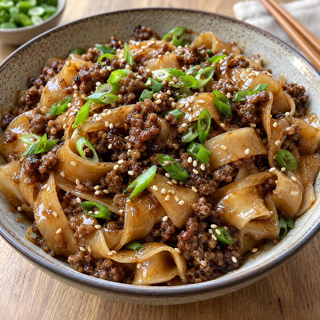 Nudeln mit Hackfleisch, Frühlingszwiebeln und Sesam in dunkler Sauce