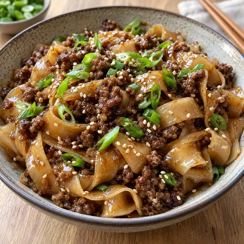 Nudeln mit Hackfleisch, Frühlingszwiebeln und Sesam in dunkler Sauce