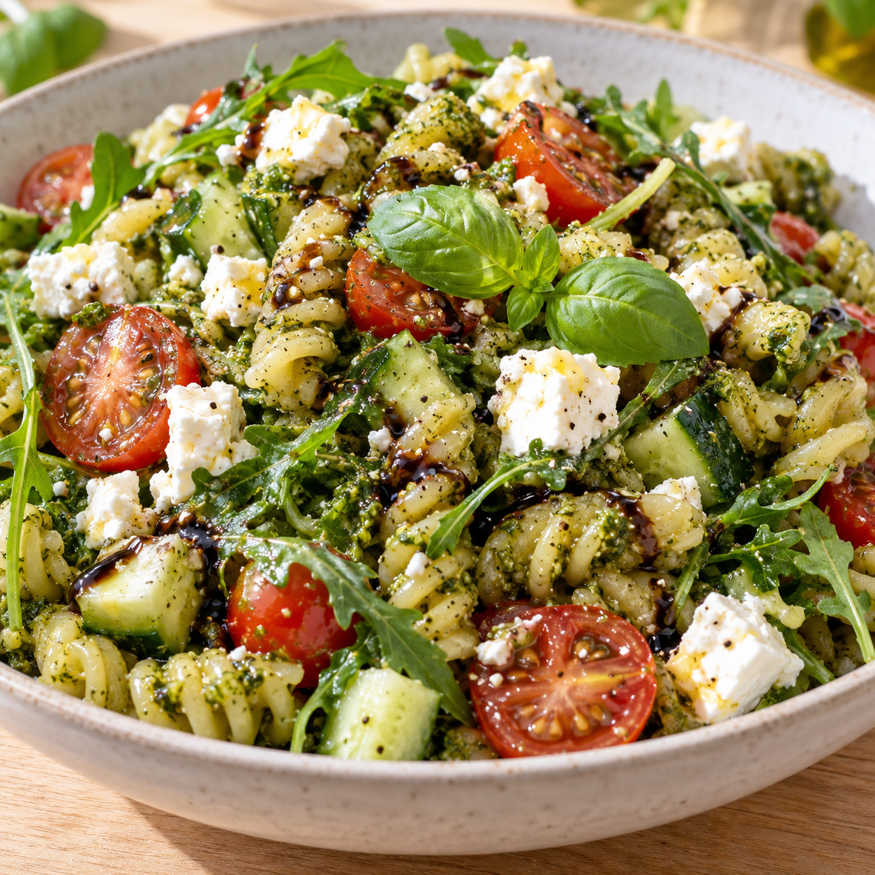 Nudelsalat mit Pesto, Feta, Tomaten, Gurke und Rucola