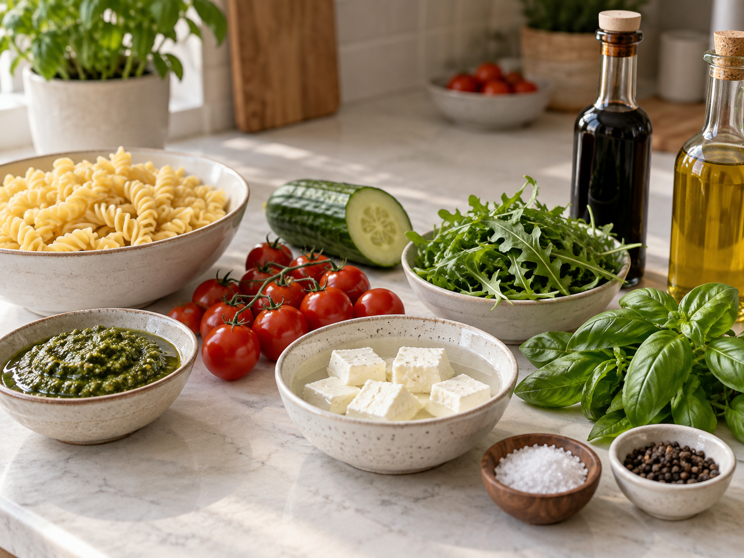 Zutaten für Nudelsalat mit Pesto, Feta und Balsamico