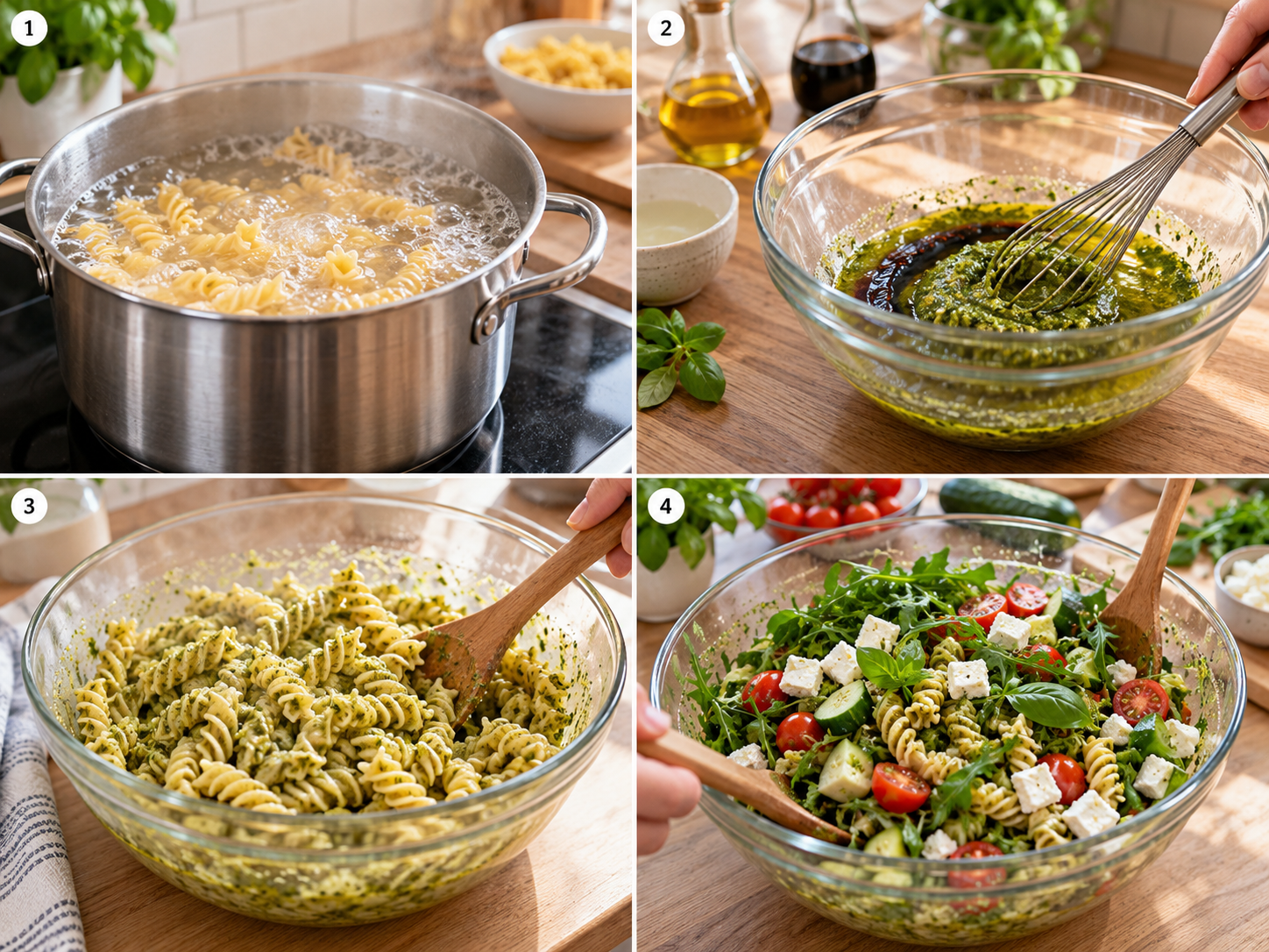 Vier Schritte für Nudelsalat mit Pesto, Feta und Balsamico