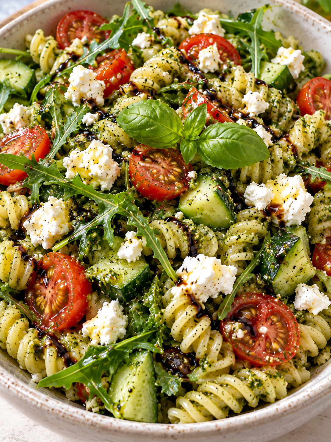 Pesto-Nudelsalat mit Feta, Tomaten, Gurke und Basilikum