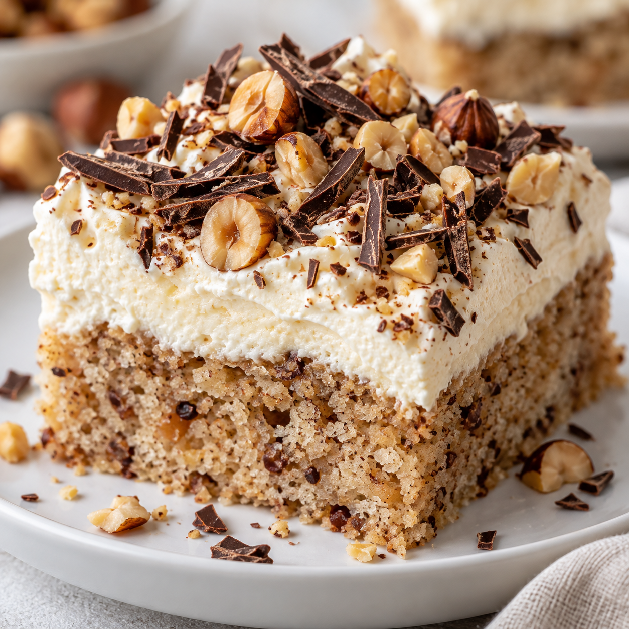 Nuss-Sahne-Schnitte mit Haselnüssen und Schokoraspeln