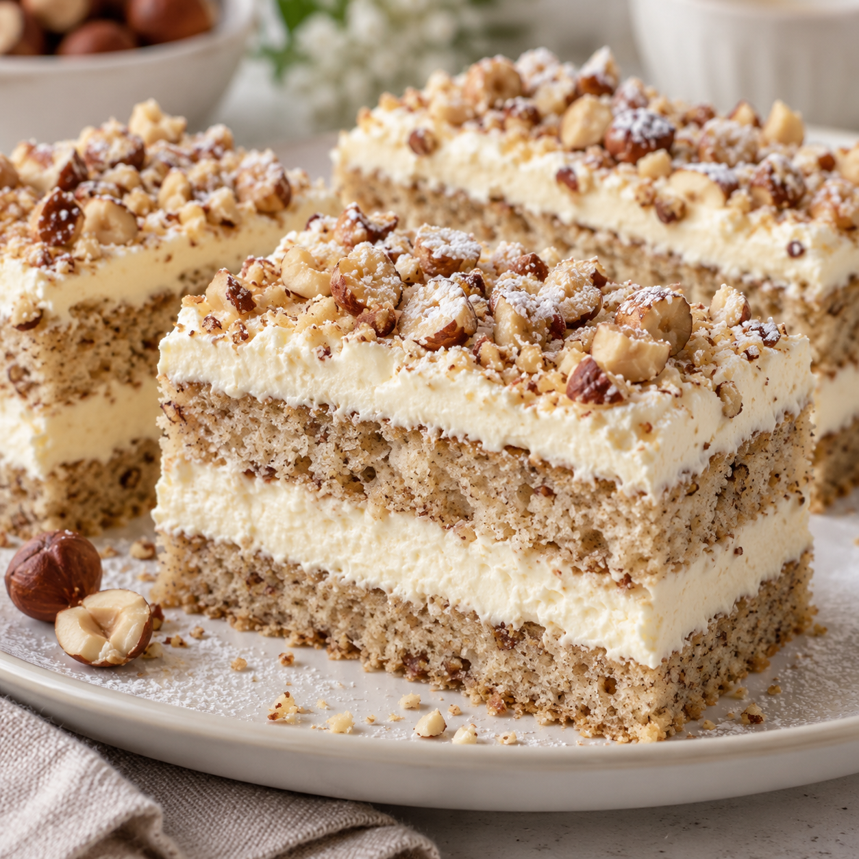 Nuss-Sahne-Schnitten mit Haselnüssen und Puderzucker