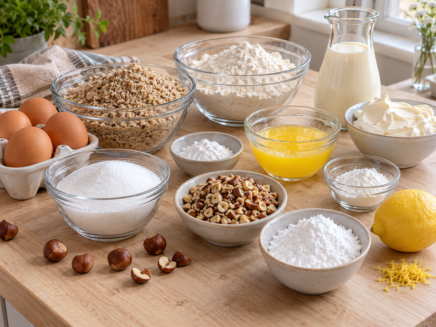 Zutaten für Nuss-Sahne-Schnitten mit Sahne, Nüssen und Eiern
