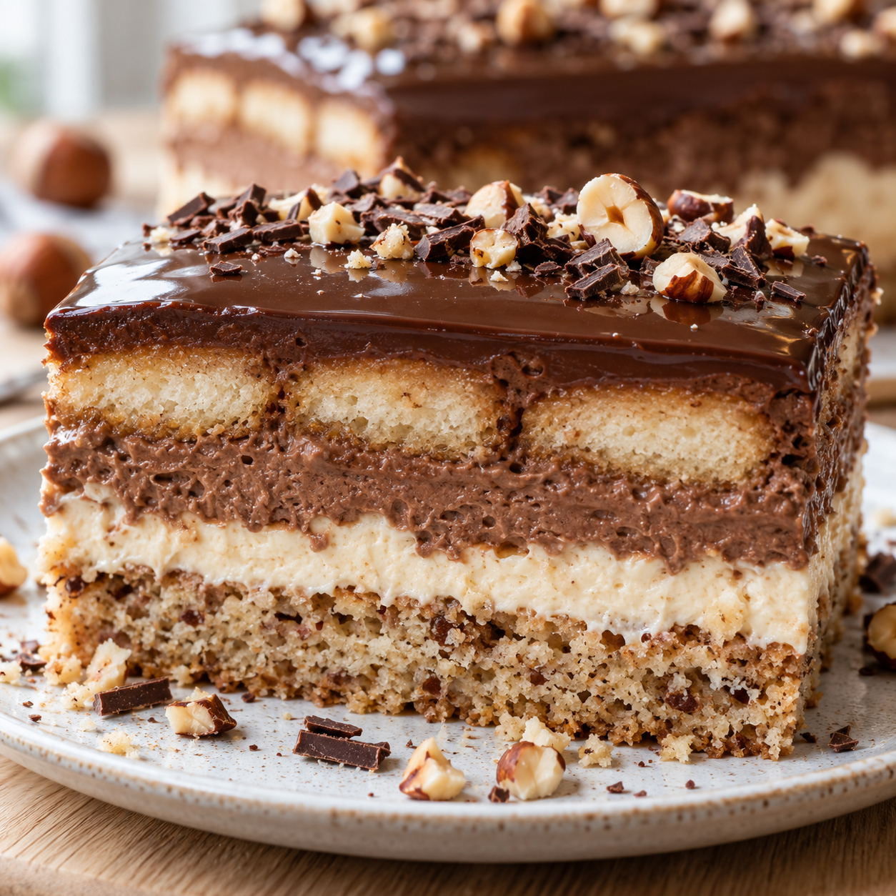 Nusstorte mit Creme, Nussboden und glänzender Schokoladenglasur