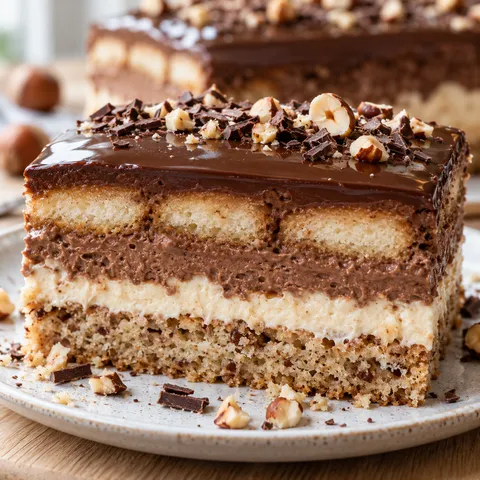 Nusstorte mit Creme, Nussboden und glänzender Schokoladenglasur