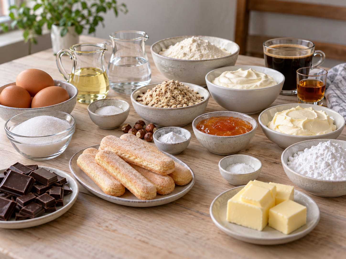 Zutaten für Nusstorte mit Haselnüssen, Schokolade, Sahne und Biskuits