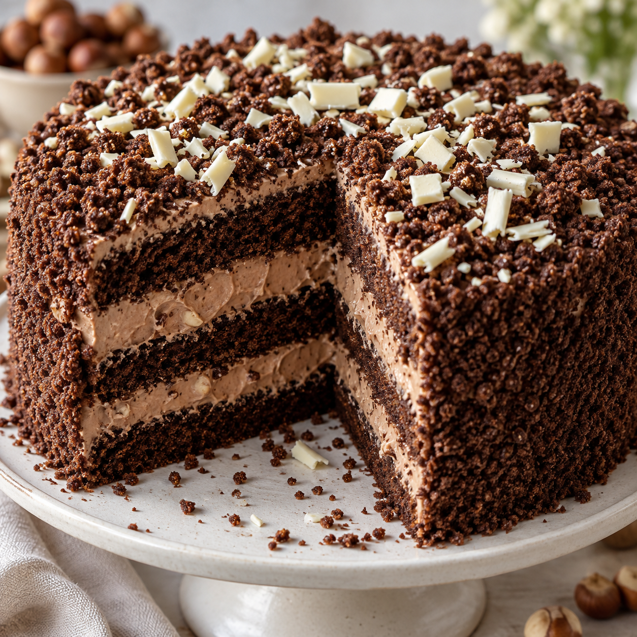 Nutella-Torte mit heller Creme, Krümeln und weißen Schokostückchen
