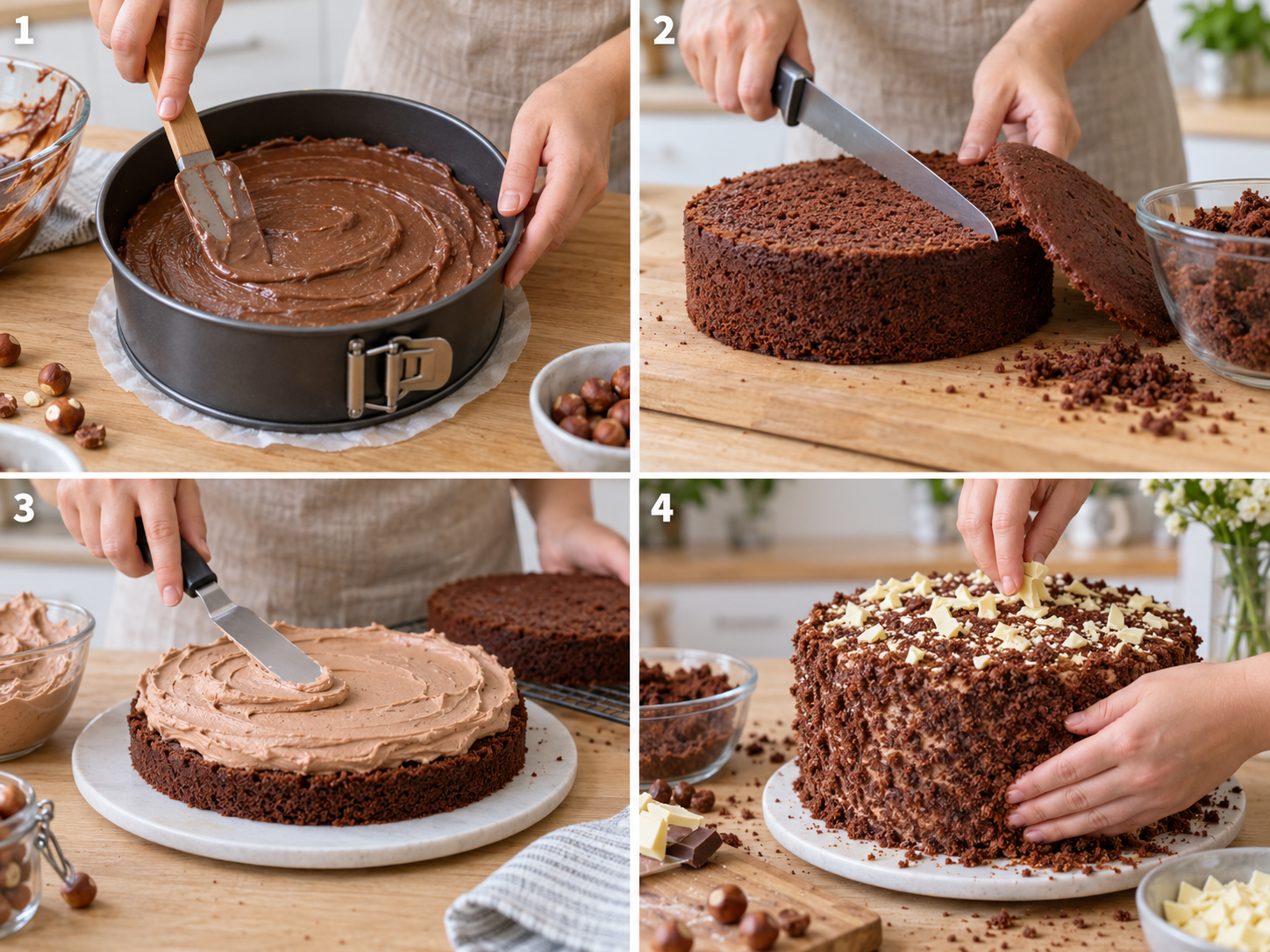 Vier Schritte für Nutella-Torte vom Boden bis zum Krümeldekor