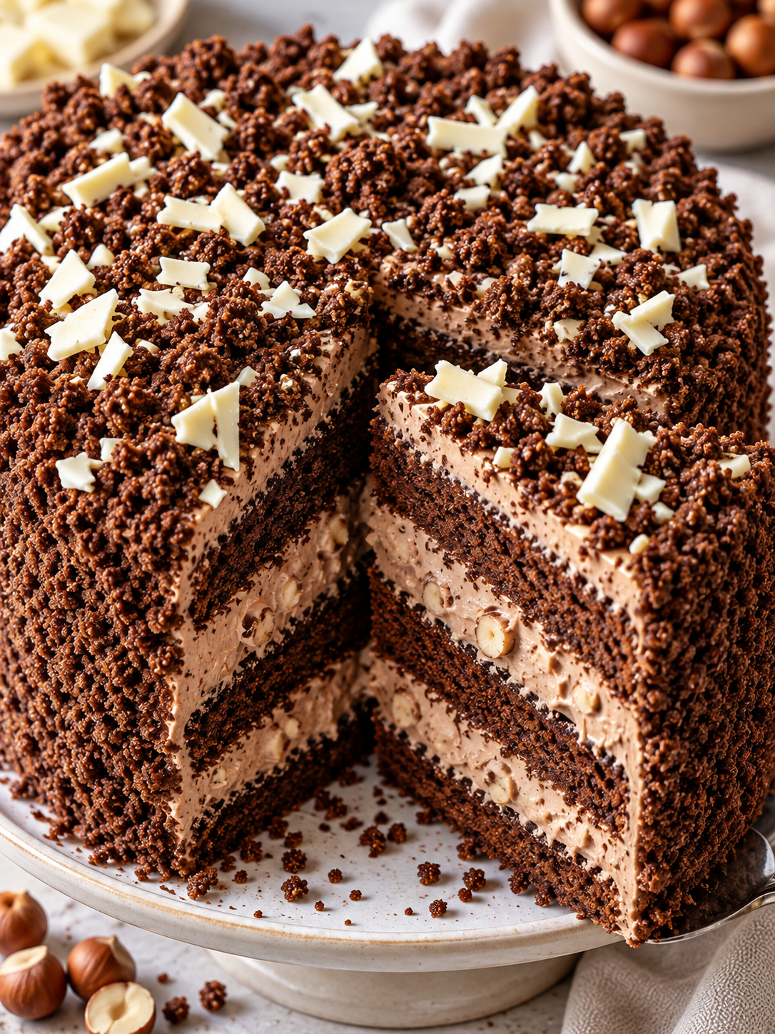 Hohe Nutella-Torte mit Krümeldekor, heller Creme und weißer Schokolade