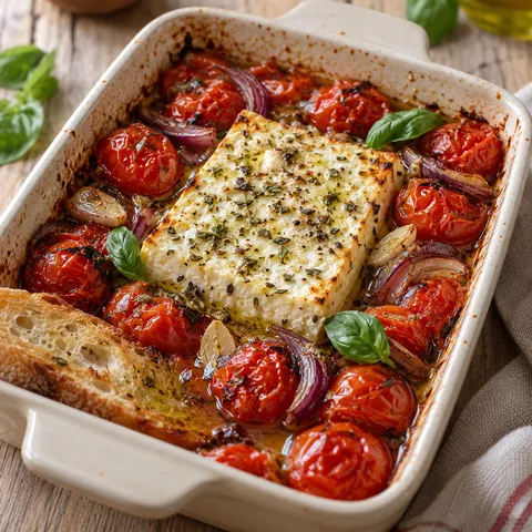 Ofen-Feta mit Kirschtomaten, roten Zwiebeln, Basilikum und geröstetem Baguette