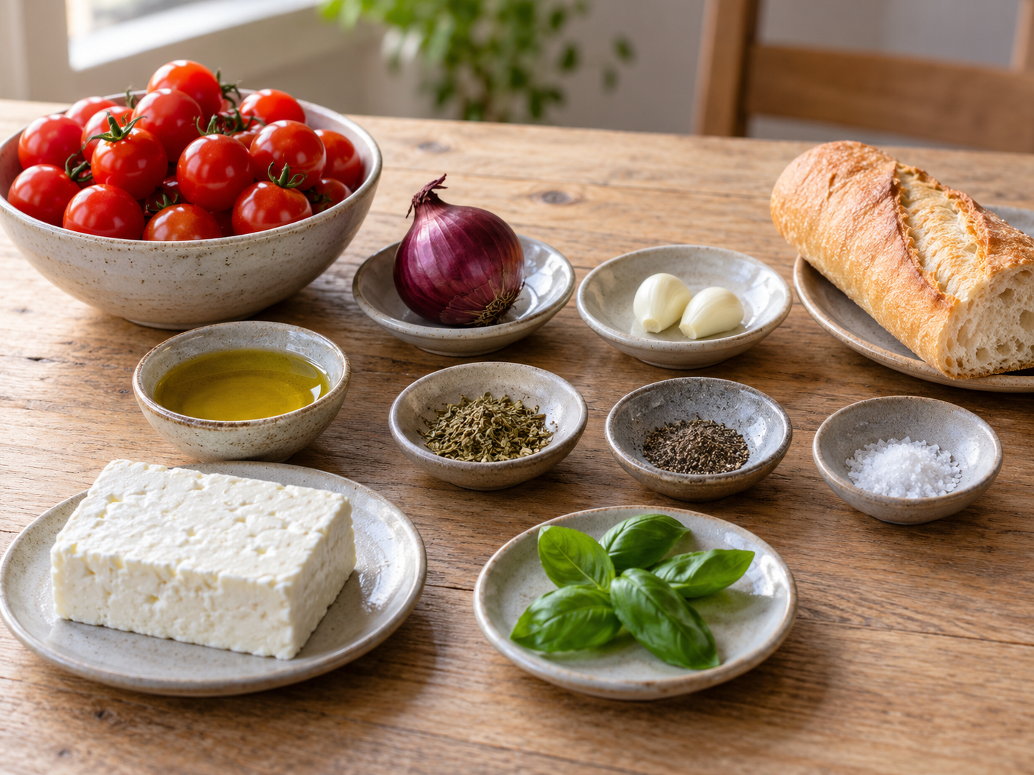 Feta, Kirschtomaten, rote Zwiebel, Knoblauch, Öl, Kräuter und Baguette vor der Zubereitung