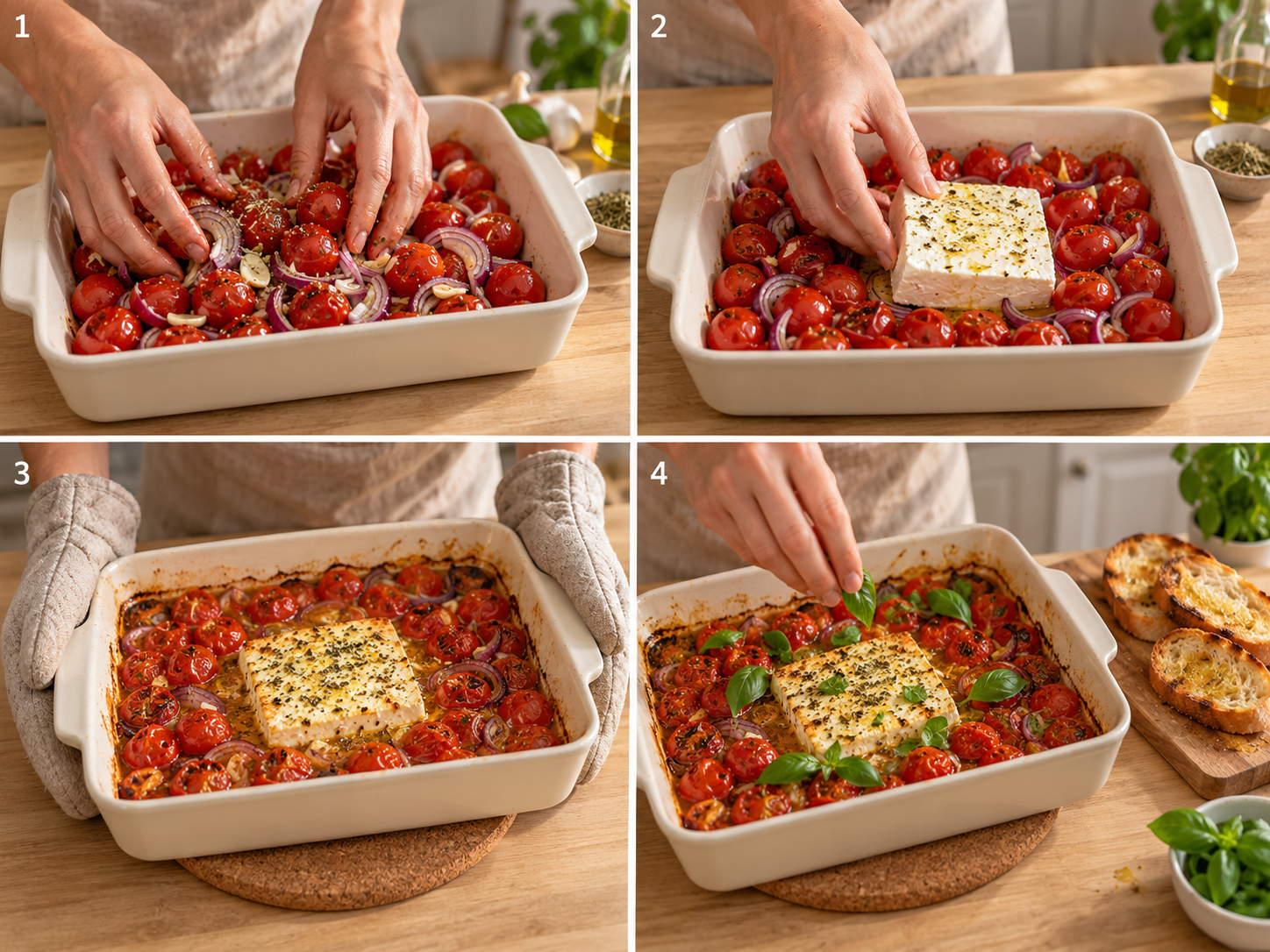 Vier Zubereitungsschritte für Ofen-Feta mit Tomaten vom Würzen bis zum Basilikum