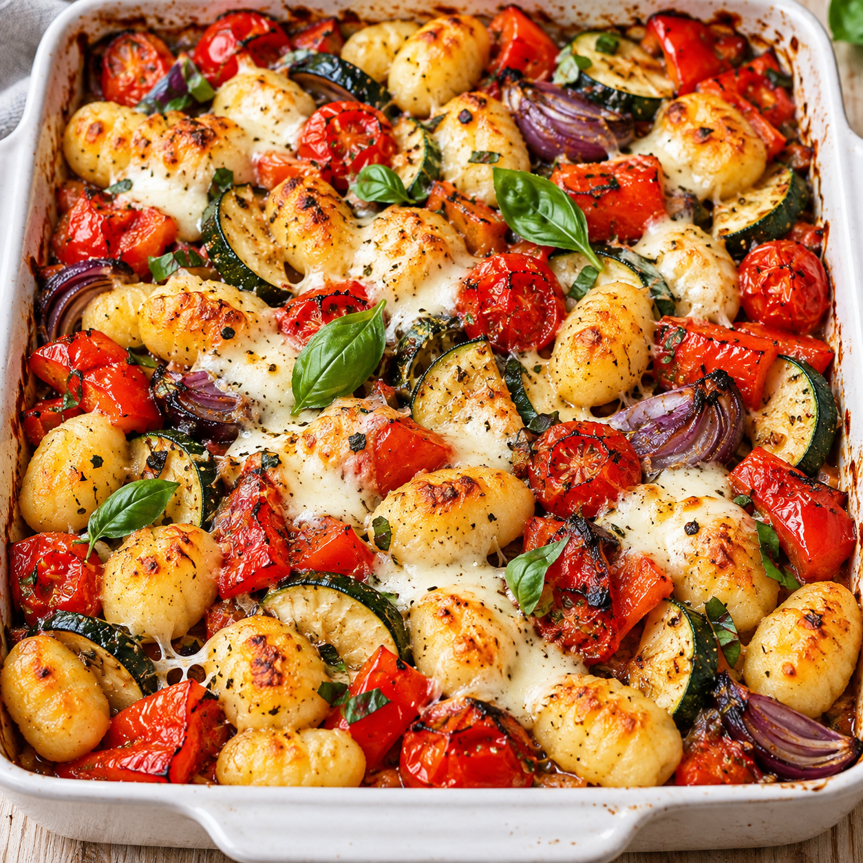 Ofen-Gnocchi mit Gemüse, Mozzarella und Basilikum