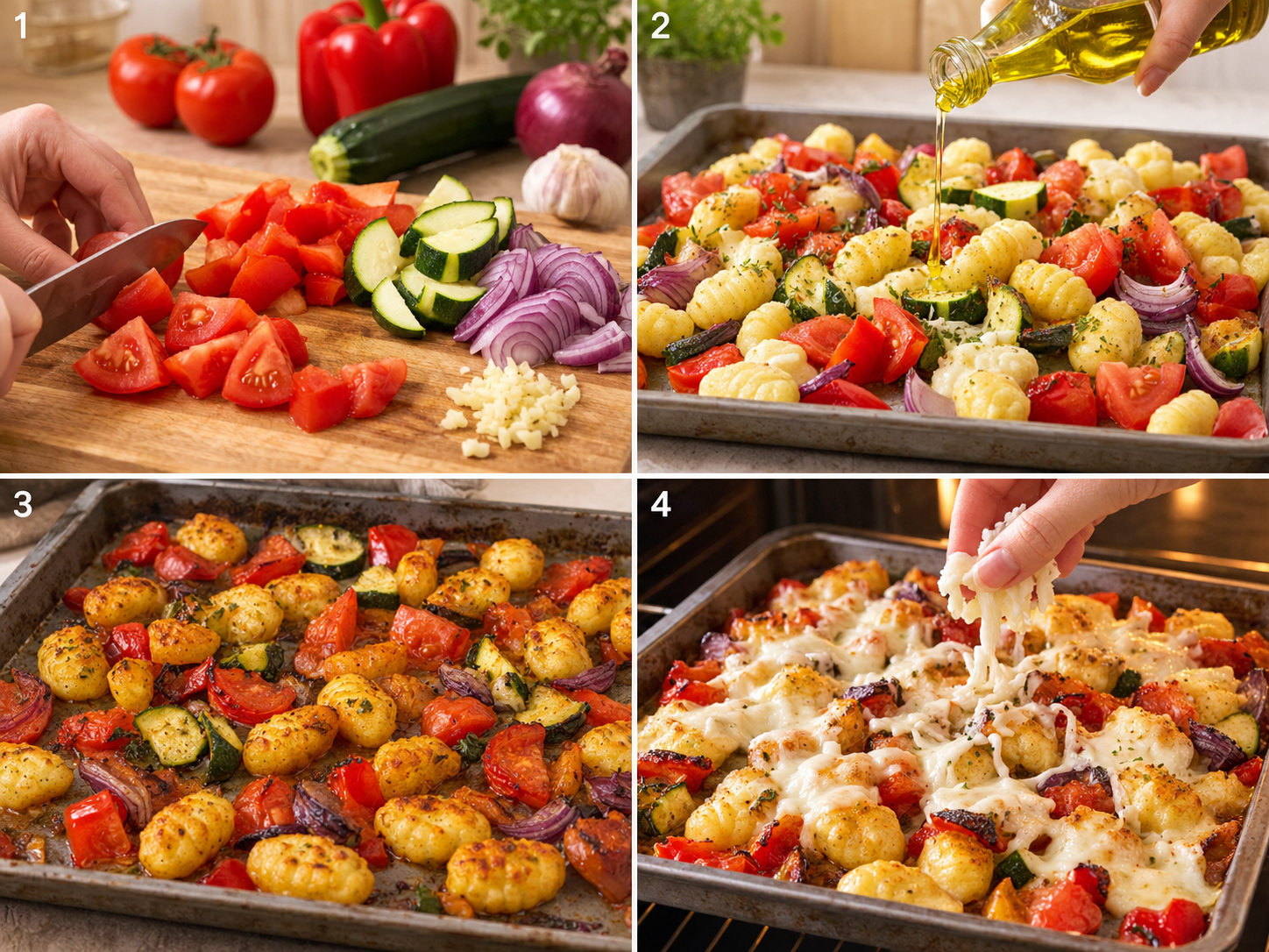 Vier Schritte für Ofen-Gnocchi mit Gemüse und Mozzarella