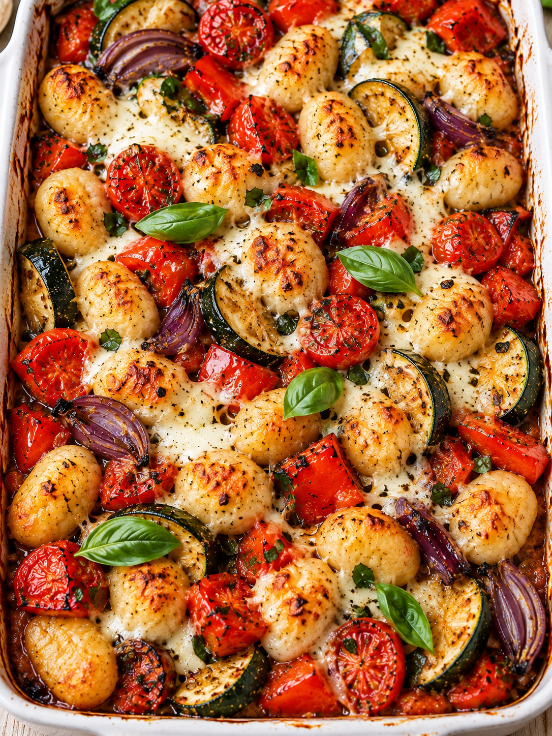 Goldene Ofen-Gnocchi mit Tomaten, Zucchini und Mozzarella