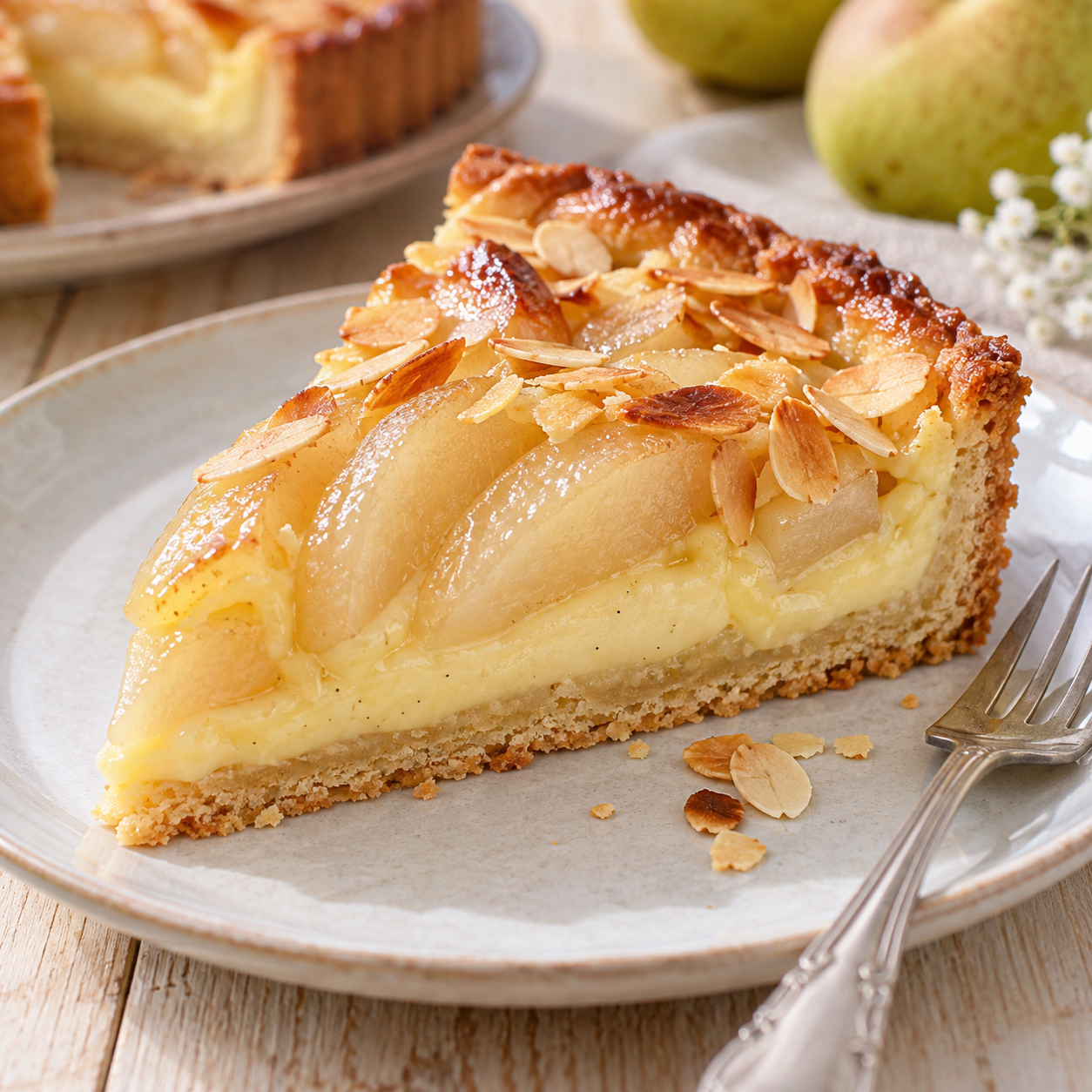 Birnenkuchen mit Vanillepudding und Mandelblättchen auf hellem Teller