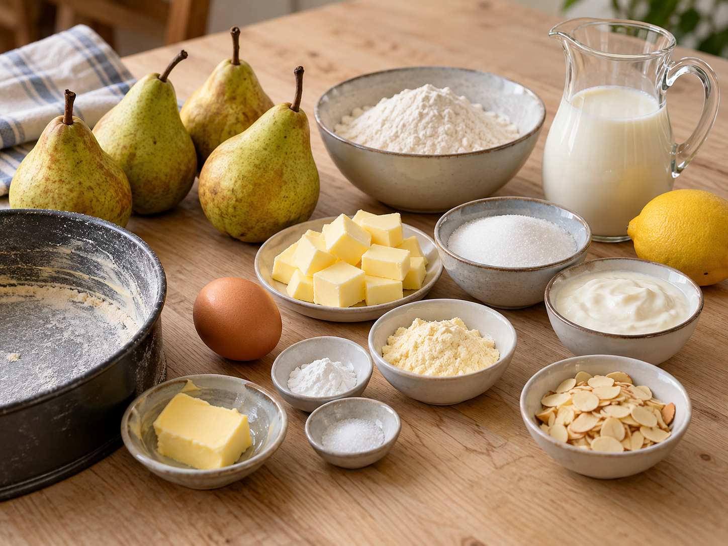 Zutaten für Birnenkuchen mit Pudding auf heller Holzfläche