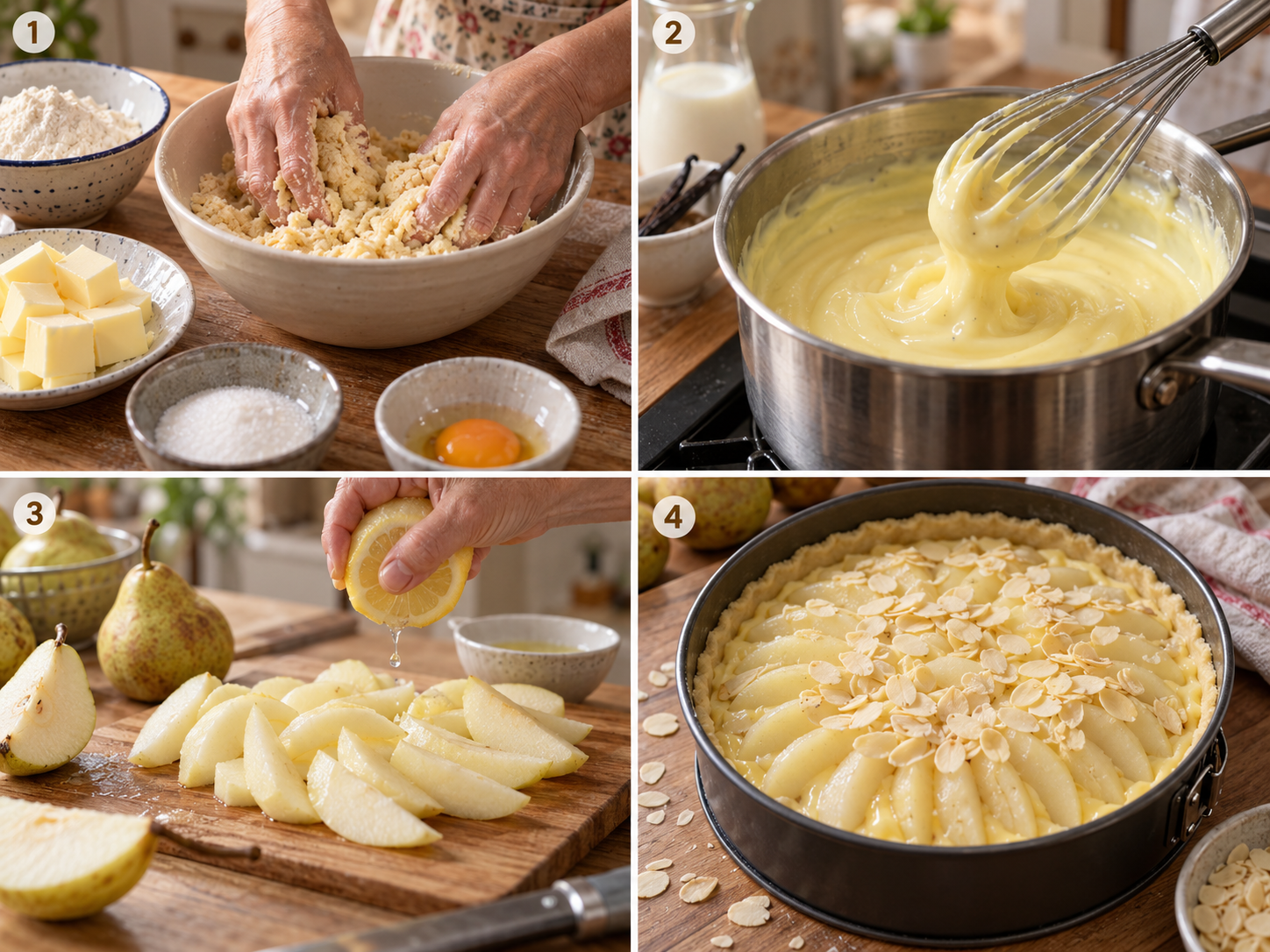 Vier Schritte für Birnenkuchen mit Pudding in der Springform