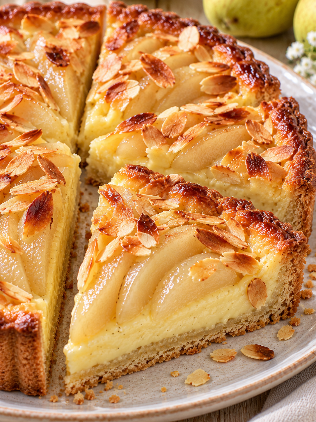 Saftige Stücke Birnenkuchen mit Pudding und Mandelblättchen