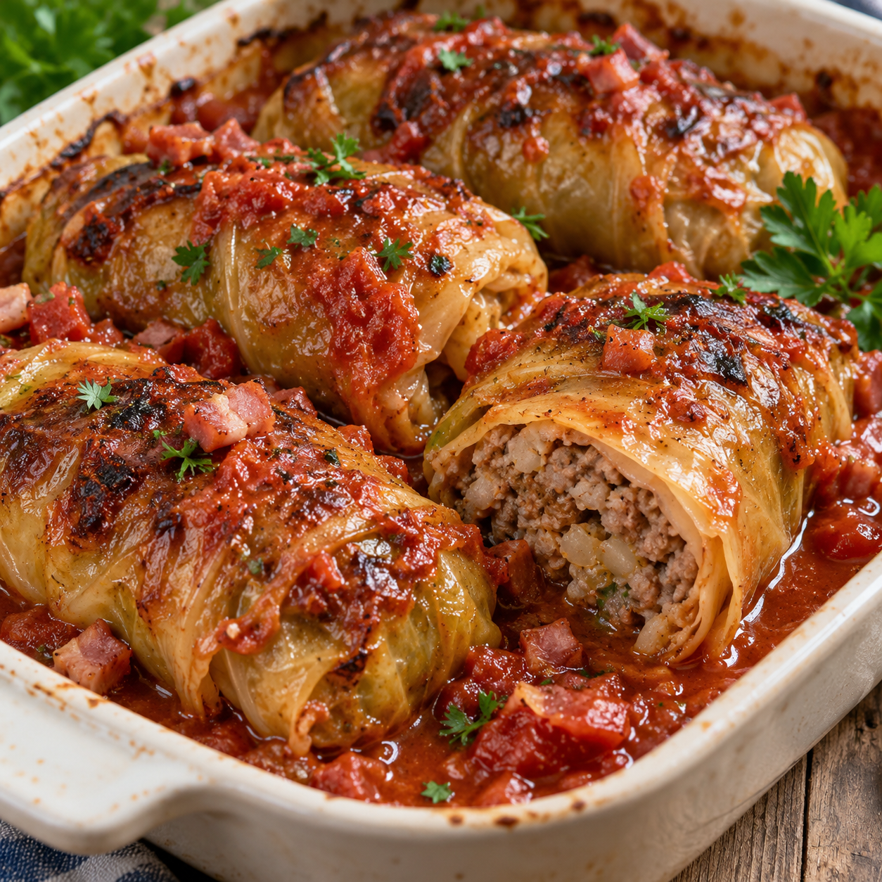 Kohlrouladen aus dem Ofen in Tomatensoße mit Petersilie