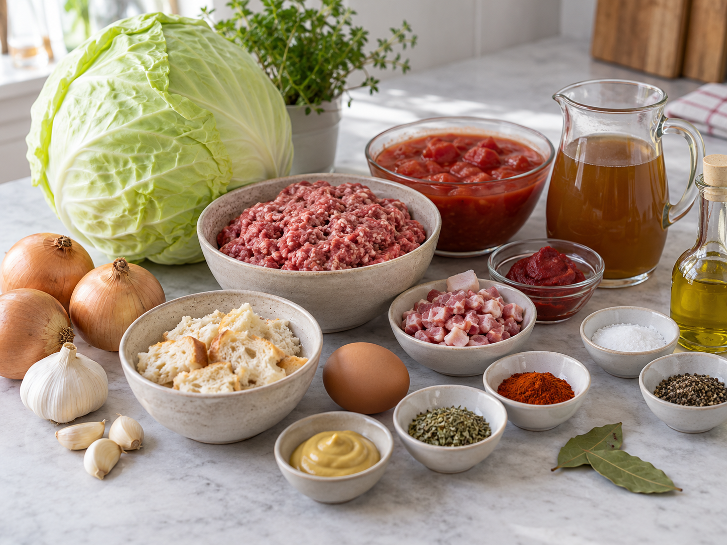 Zutaten für Kohlrouladen mit Weißkohl, Hackfleisch und Tomaten