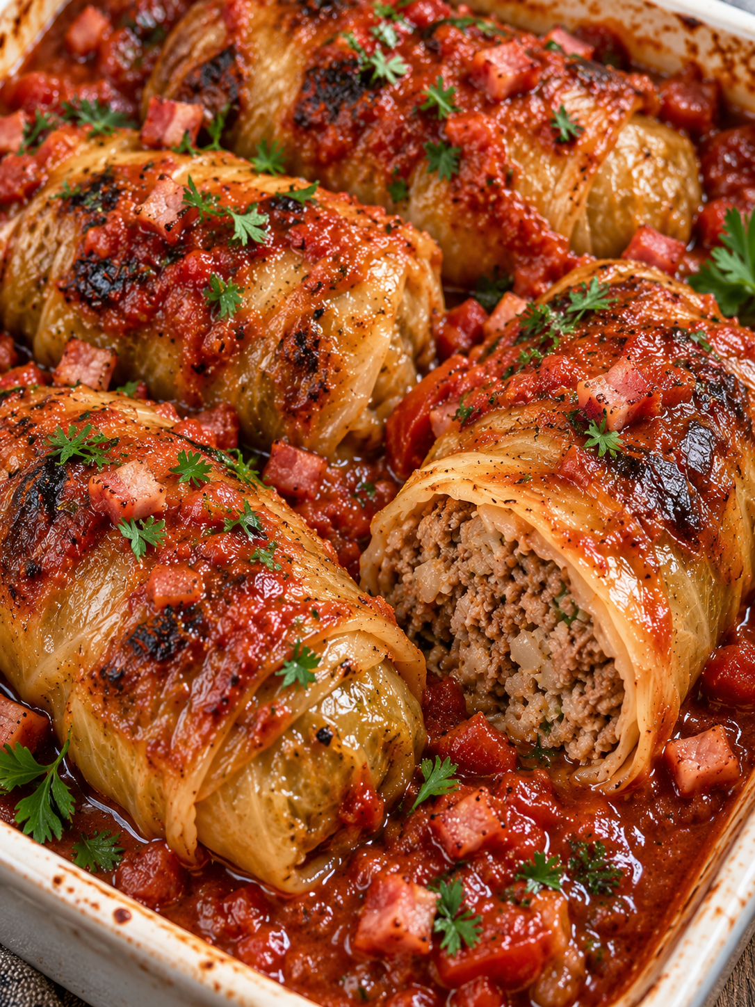 Gefüllte Kohlrouladen in roter Tomatensoße aus dem Ofen