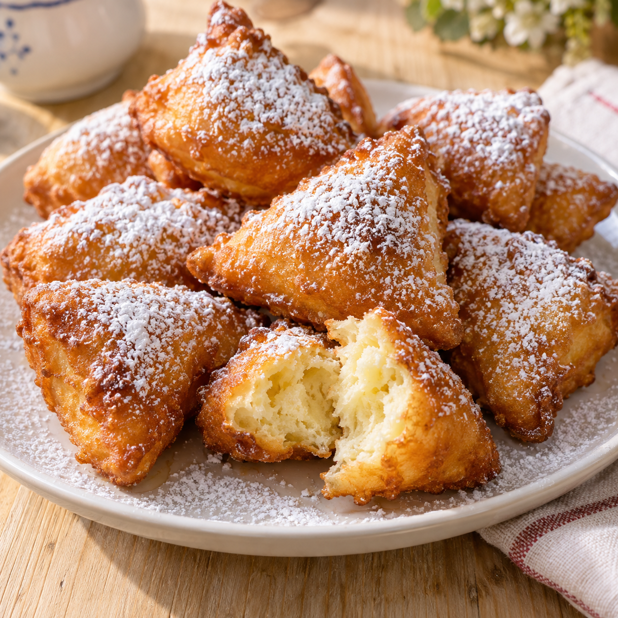 Goldbraune Kräppelchen mit Puderzucker auf einem weißen Teller