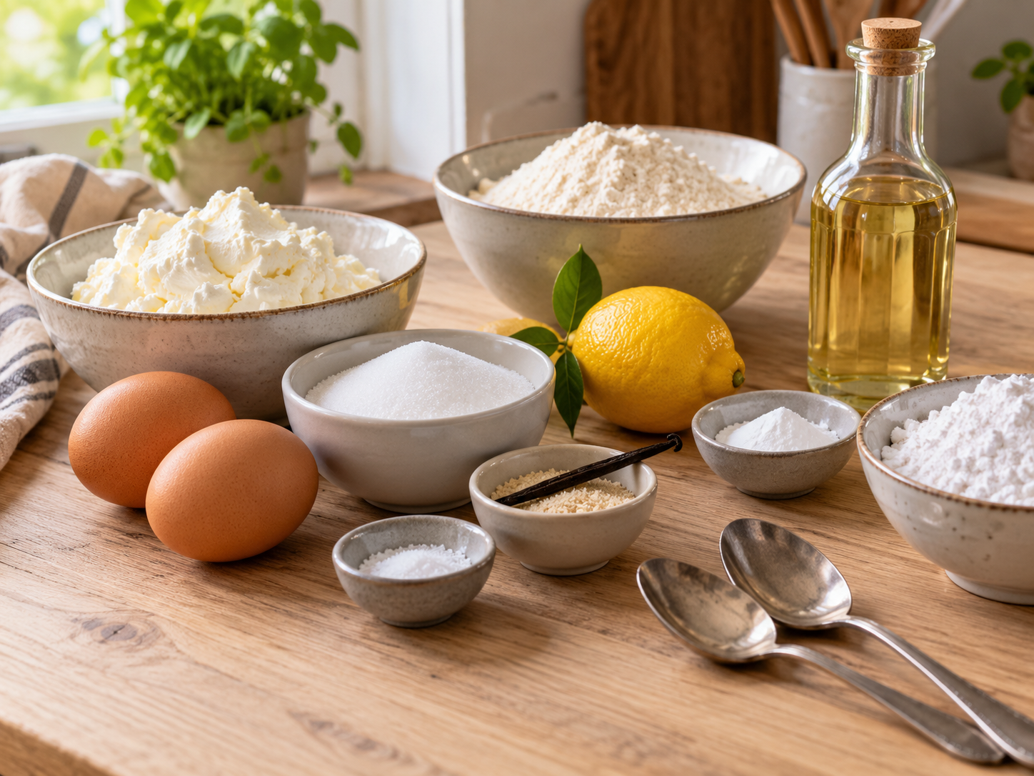 Zutaten für Kräppelchen mit Quark, Eiern, Mehl und Puderzucker