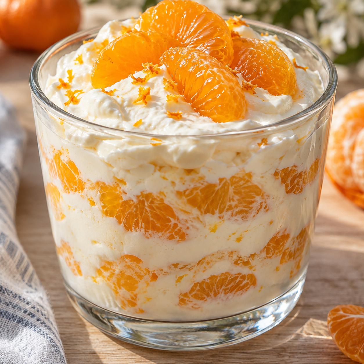 Mandarinen-Quark-Dessert im Glas mit heller Creme und Fruchtstückchen