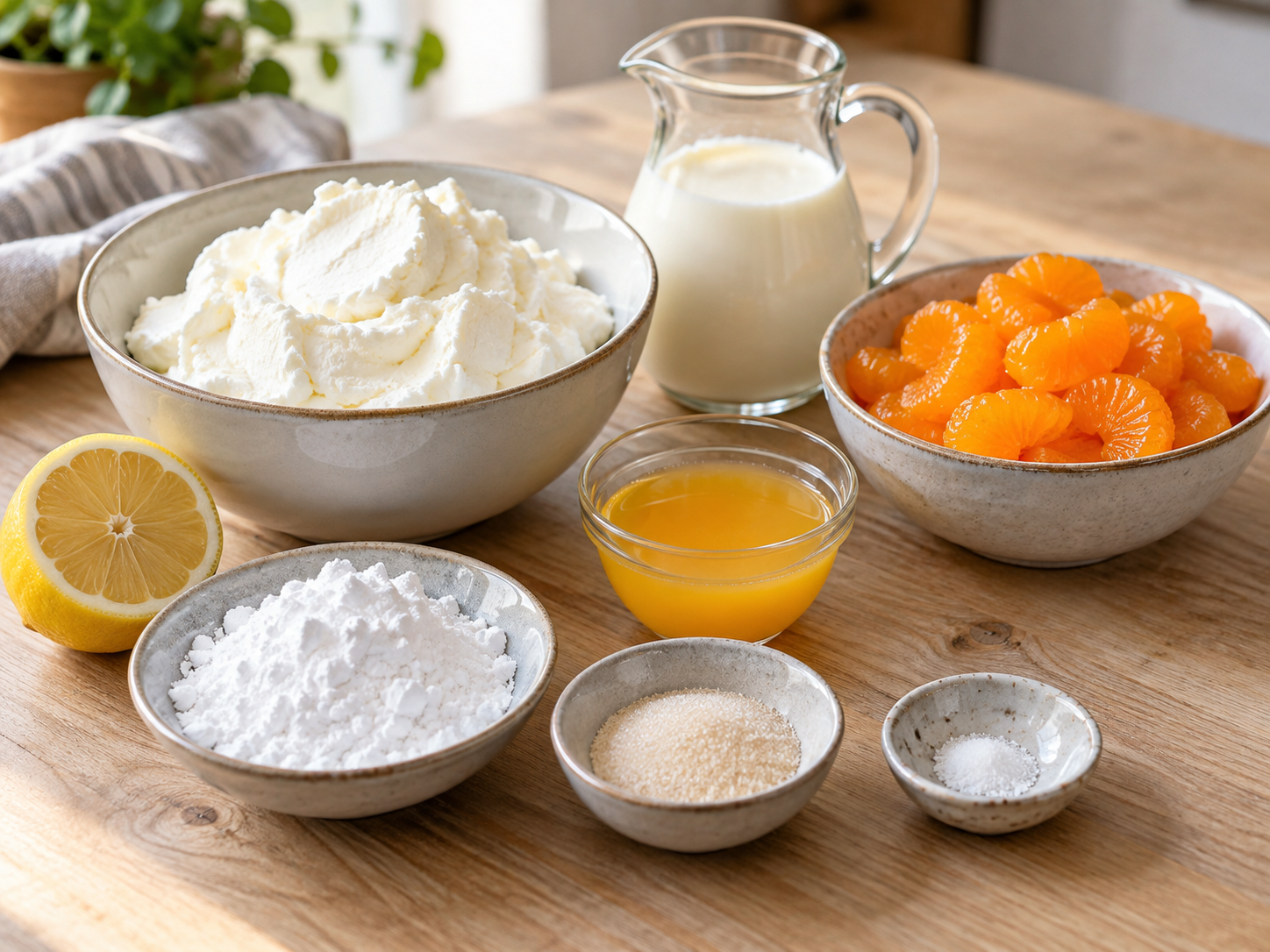 Zutaten für Mandarinen-Quark-Dessert mit Quark, Sahne und Mandarinen