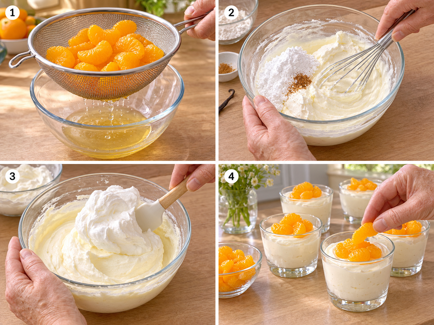 Zubereitung von Mandarinen-Quark-Dessert in vier Schritten