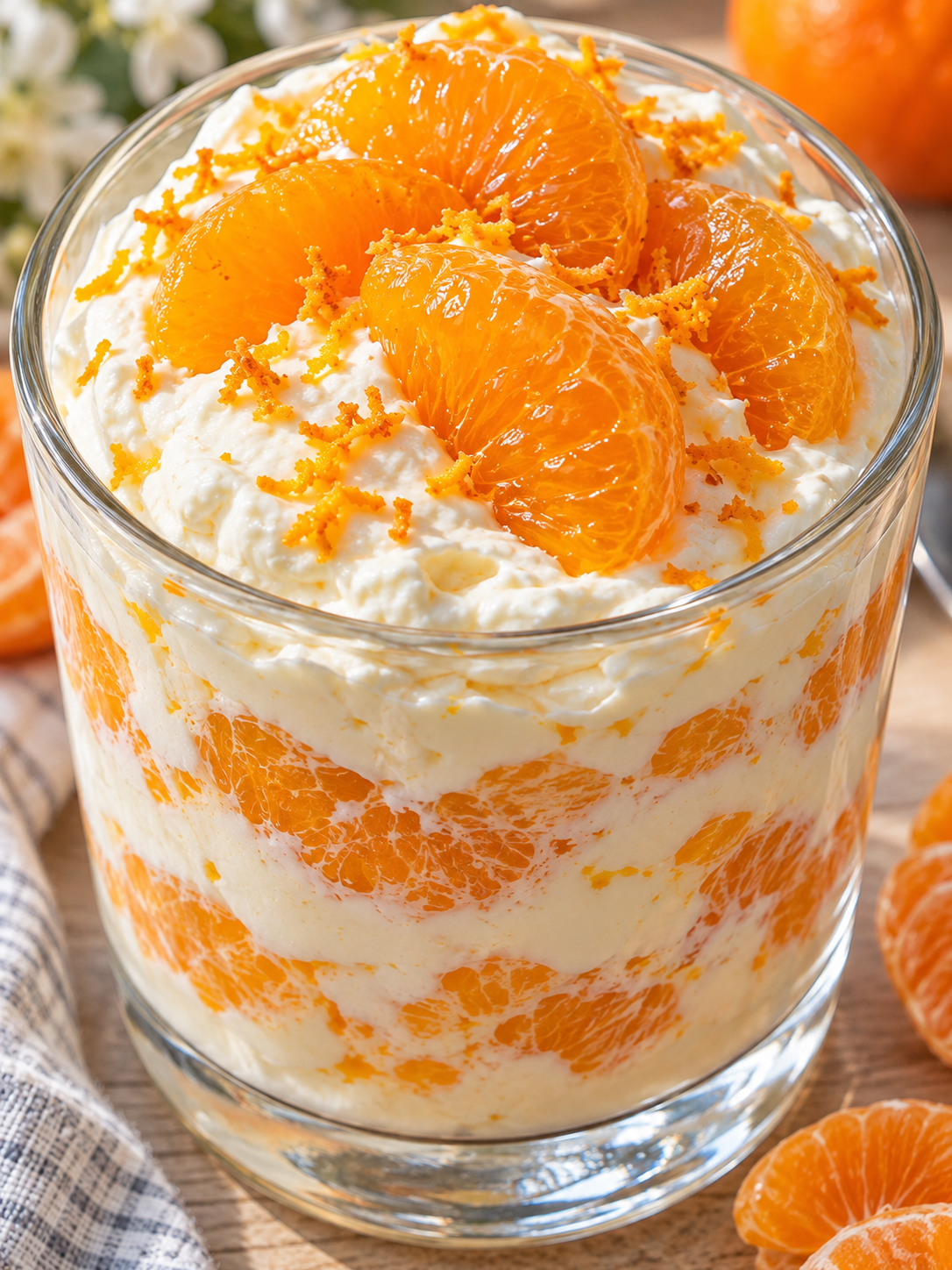 Cremiges Mandarinen-Quark-Dessert im Glas mit glänzender Fruchtgarnitur