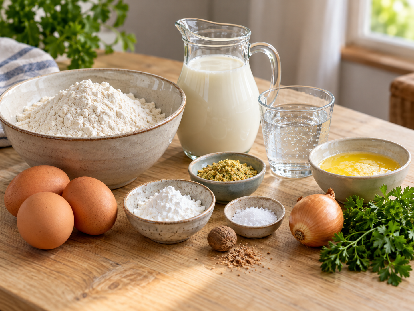 Zutaten für Mehlklöße mit Mehl, Eiern, Milch und Petersilie