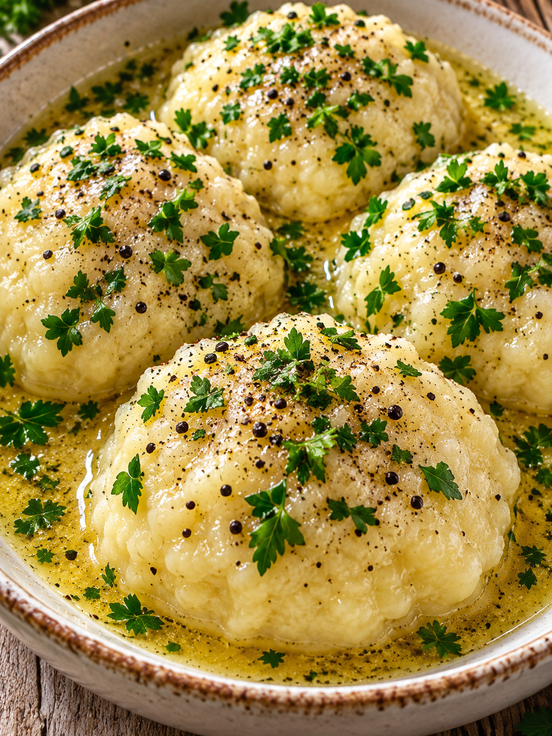 Mehlklöße mit Buttersoße, Petersilie und schwarzem Pfeffer