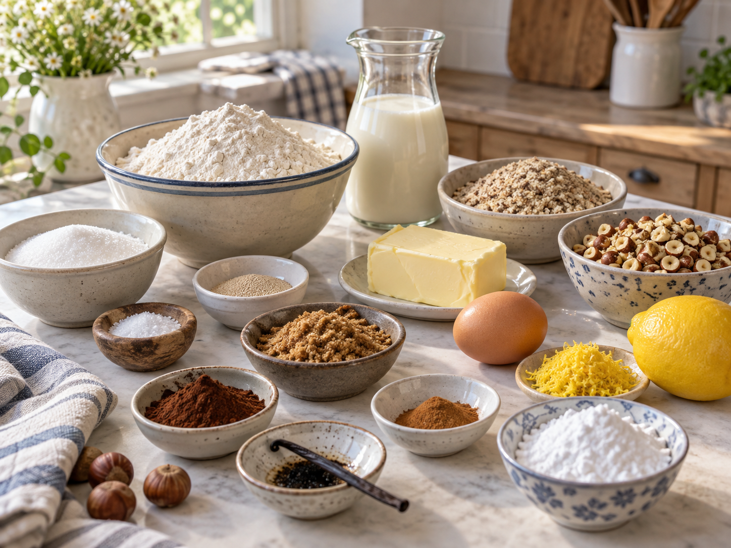 Zutaten für Nusszopf mit Mehl, Haselnüssen, Milch, Butter und Zitrone