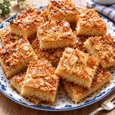 Goldbrauner Mandelkuchen vom Blech mit knuspriger Mandelkruste