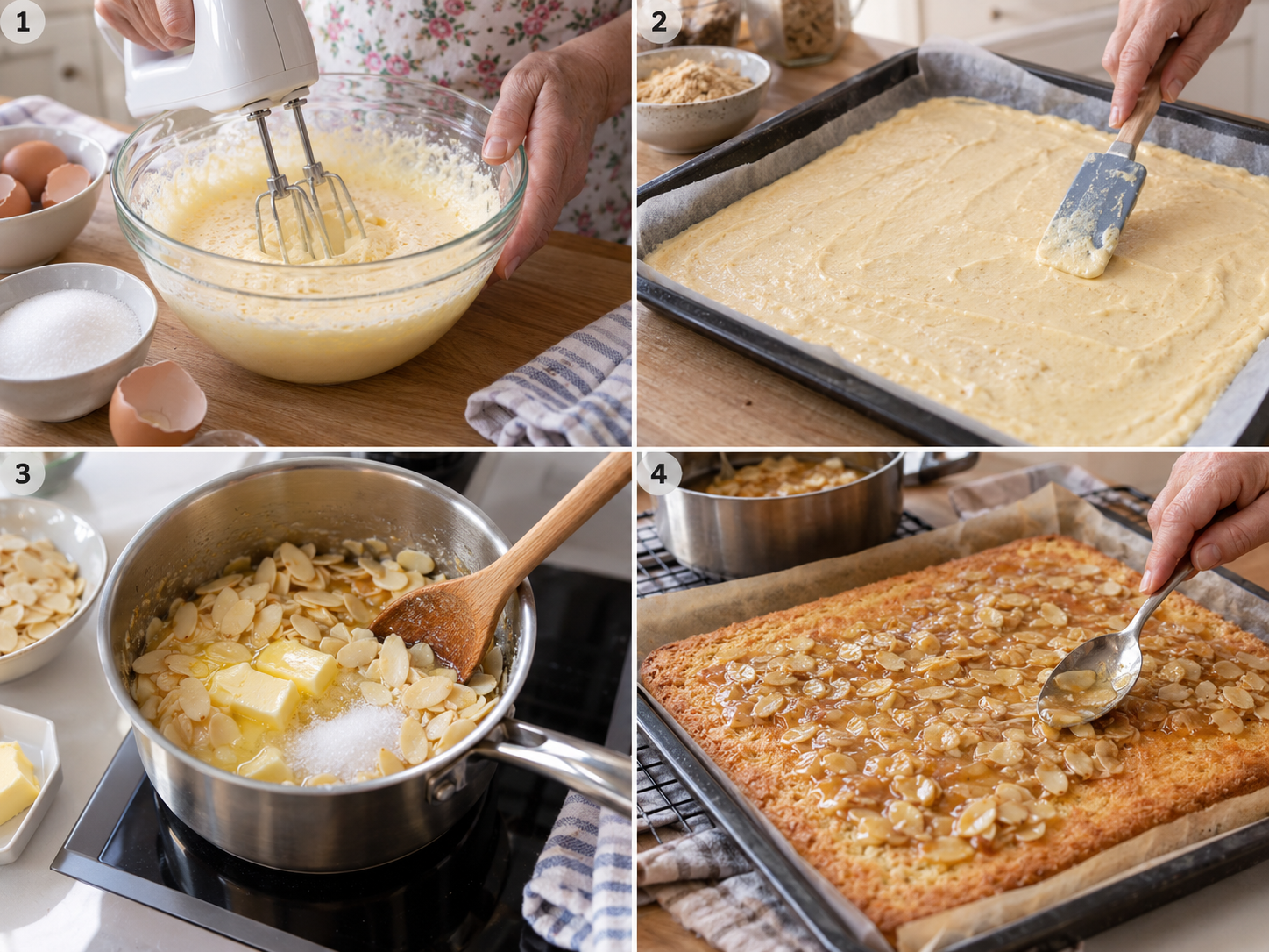 Vier Backschritte für Mandelkuchen vom Rühren bis zum Mandelbelag