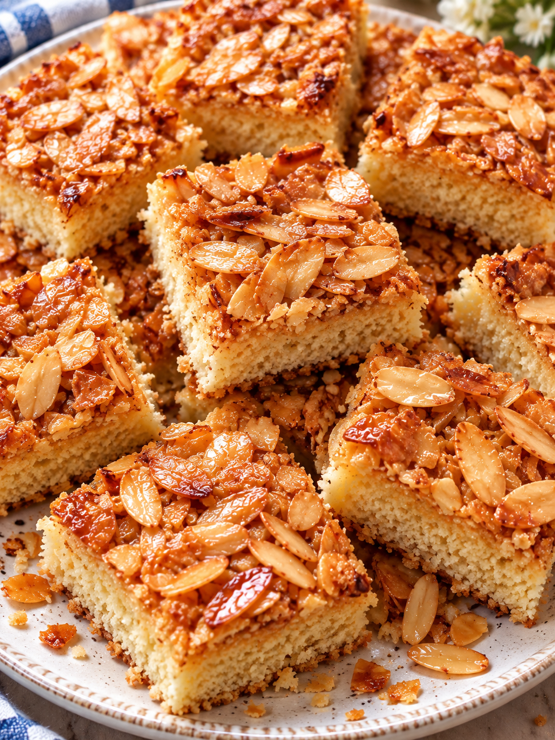 Saftige Mandelkuchenstücke mit goldbrauner Mandelblättchen-Kruste