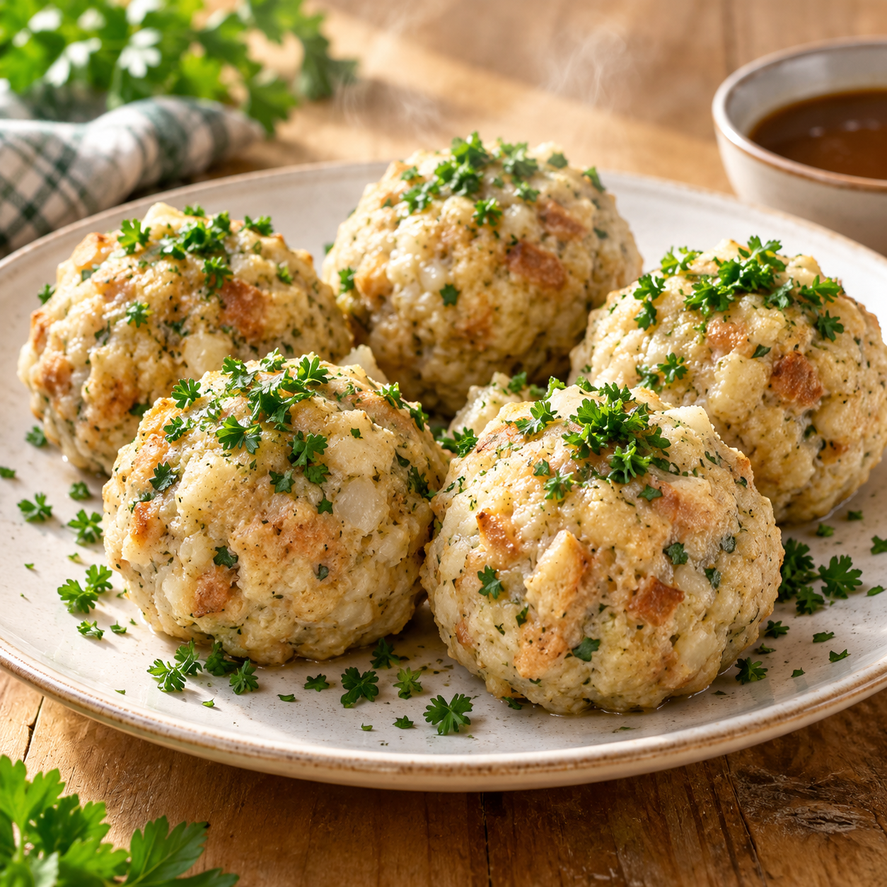 Fünf Semmelknödel mit Petersilie auf einer hellen Servierplatte