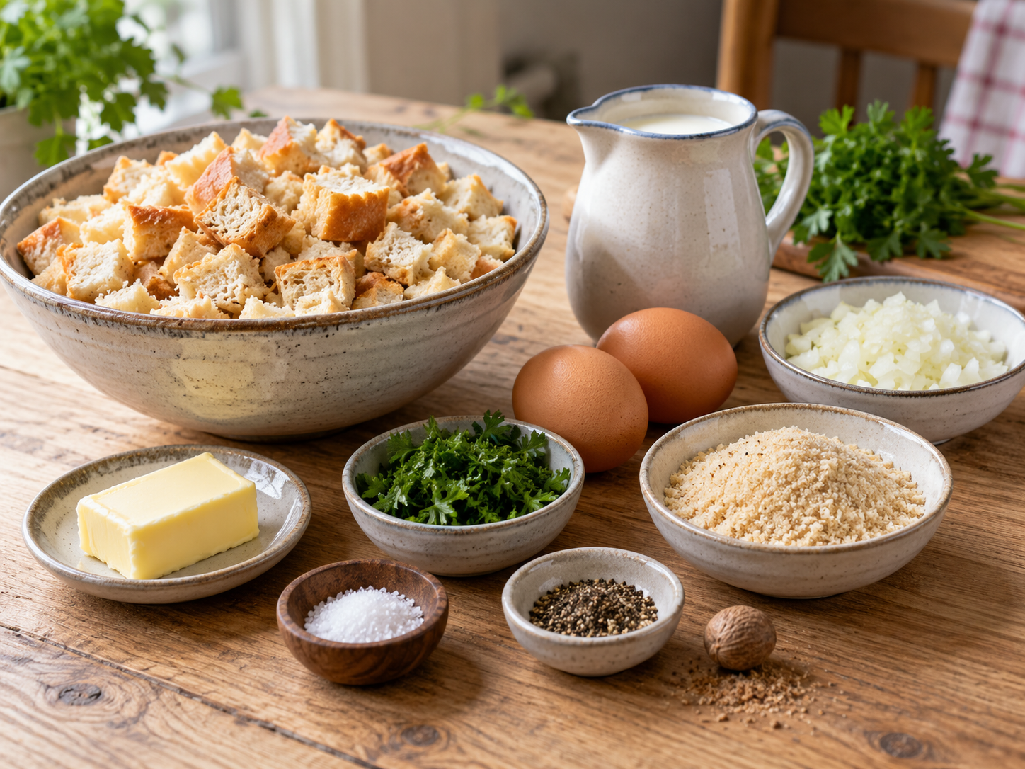 Zutaten für Semmelknödel mit Brötchenwürfeln, Milch, Ei und Petersilie