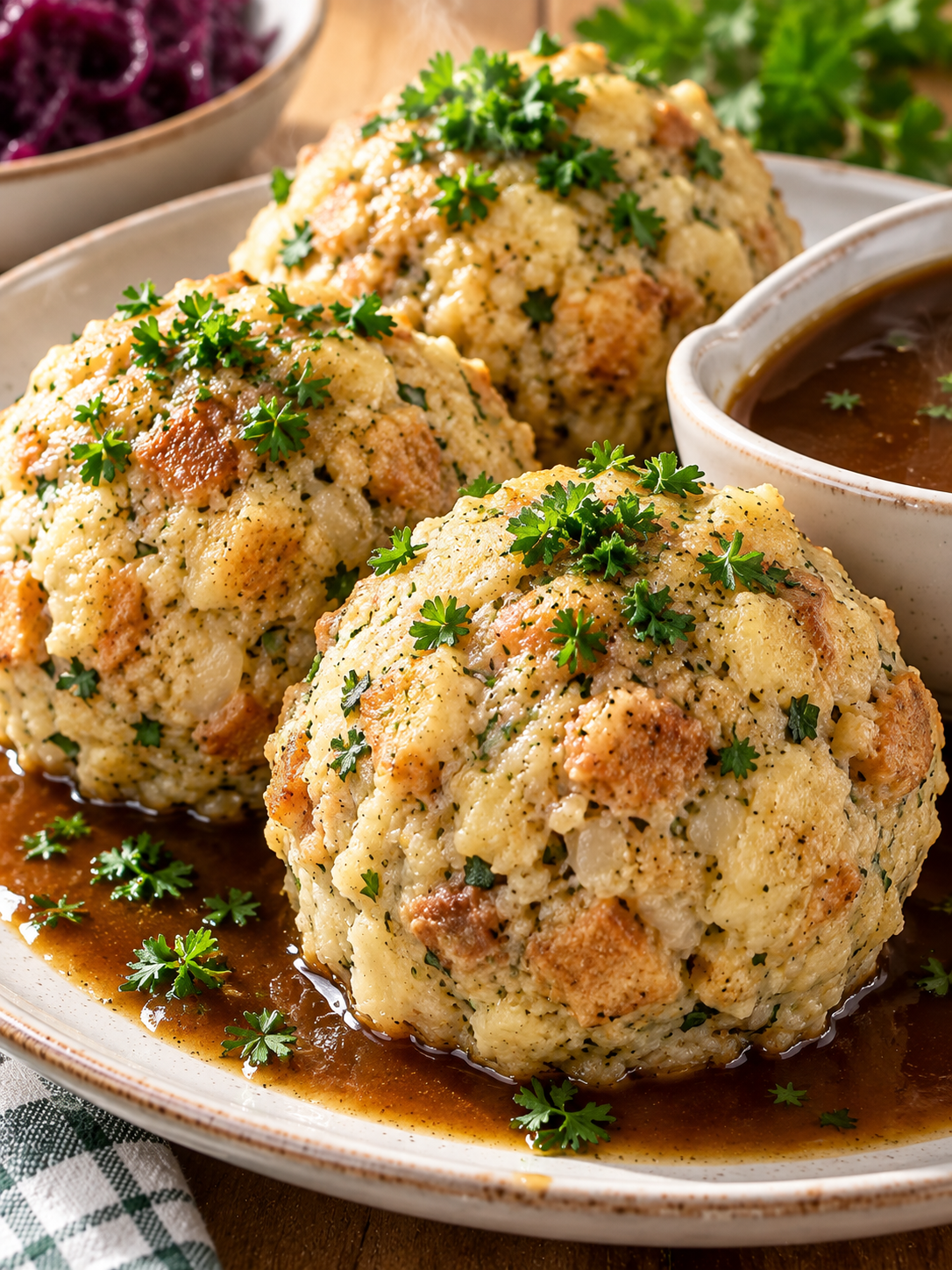 Semmelknödel mit Petersilie und dunkler Soße im hellen Küchenlicht