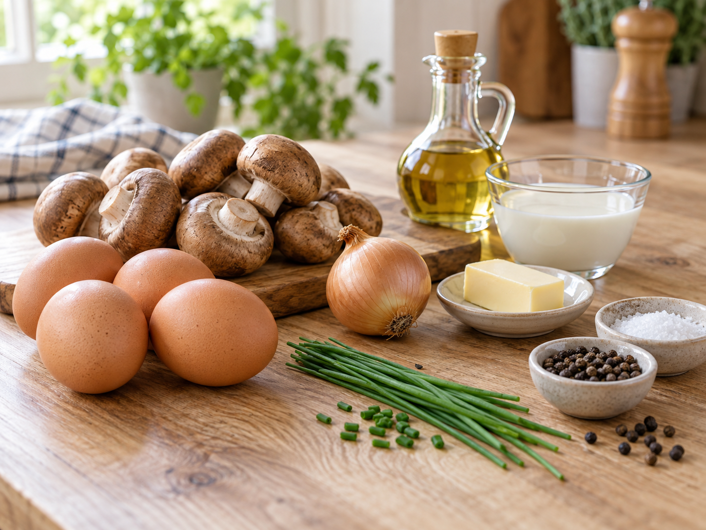 Zutaten für Omelett mit Pilzen mit Eiern, Champignons und Schnittlauch
