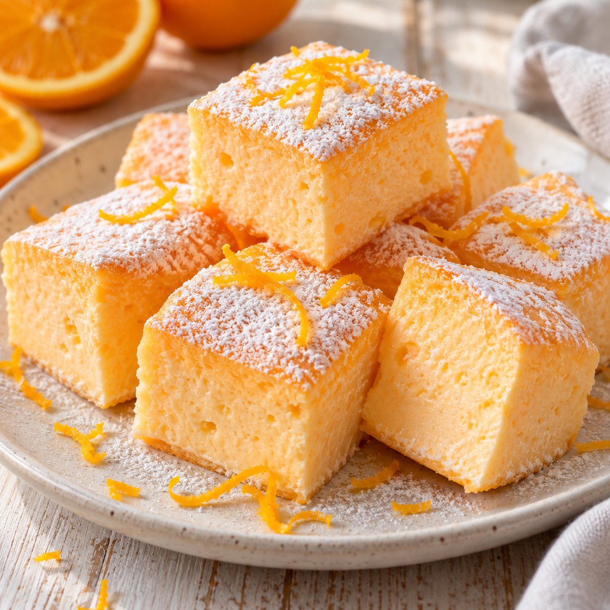 Orangen-Wölkchen mit Puderzucker und Orangenzesten auf hellem Teller